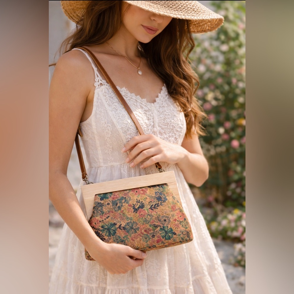 Boho Cork Floral Handbag Wooden Frame Crossbody Purse Handmade Style Unique